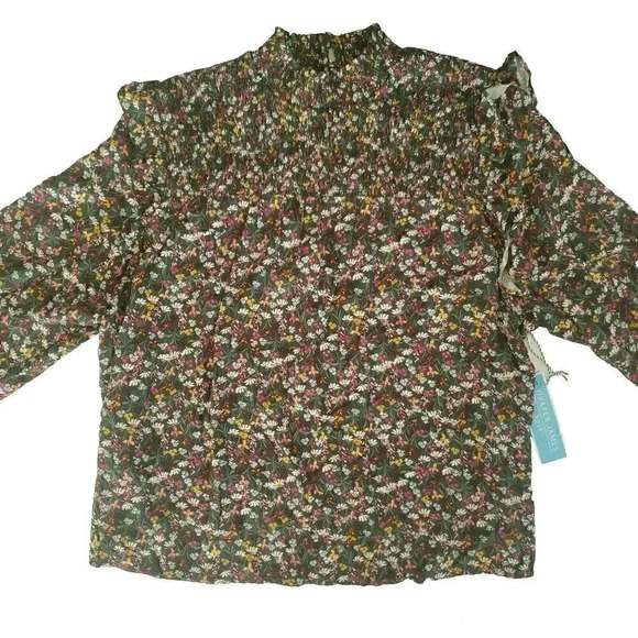 NEW Women's DRAPER JAMES RSVP Shirt XXL Floral Ruffled Smocked‎ Sleeve Mock Neck - Picture 4 of 14